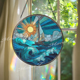 Sailboat Ocean Stained Glass Suncatcher, Round Sea Waves Window Panel with Sun and Clouds, Nautical Coastal Home Decor