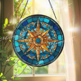 Nautical Compass Stained Glass Suncatcher, Round Blue and Gold Window Panel, Maritime Navigation Rose Home Decor Gift