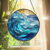 Ocean Wave Stained Glass Suncatcher, Round Blue Sea Window Panel with Stars and Gold Accents, Coastal Nautical Home Decor