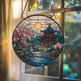 Japanese Temple Stained Glass Suncatcher, Round Zen Garden Window Panel with Cherry Blossoms and Sunset, Tranquil Home Decor