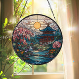 Japanese Temple Stained Glass Suncatcher, Round Zen Garden Window Panel with Cherry Blossoms and Sunset, Tranquil Home Decor