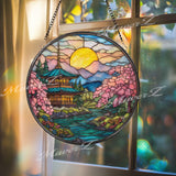 Japanese Pagoda Stained Glass Suncatcher, Round Temple Window Panel with Cherry Blossoms and River, Zen Nature Home Decor