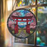 Torii Gate Stained Glass Suncatcher, Round Japanese Window Panel with Cherry Blossoms and Mount Fuji, Zen Nature Home Decor