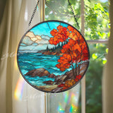 Autumn Coast Stained Glass Suncatcher, Round Ocean Cliff Window Panel with Red Maple Trees, Fall Nature Home Decor Gift