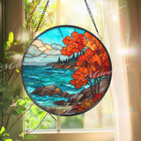 Autumn Coast Stained Glass Suncatcher, Round Ocean Cliff Window Panel with Red Maple Trees, Fall Nature Home Decor Gift