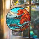 Autumn Coast Stained Glass Suncatcher, Round Ocean Cliff Window Panel with Red Maple Trees, Fall Nature Home Decor Gift