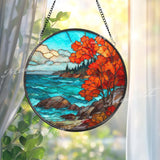 Autumn Coast Stained Glass Suncatcher, Round Ocean Cliff Window Panel with Red Maple Trees, Fall Nature Home Decor Gift