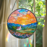 Sunrise Church Stained Glass Suncatcher, Round Mountain Window Panel with Floral Field and Golden Sky, Faith Home Decor Gift