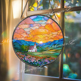 Sunrise Church Stained Glass Suncatcher, Round Mountain Window Panel with Floral Field and Golden Sky, Faith Home Decor Gift