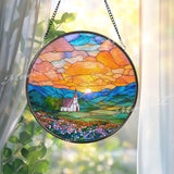 Sunrise Church Stained Glass Suncatcher, Round Mountain Window Panel with Floral Field and Golden Sky, Faith Home Decor Gift