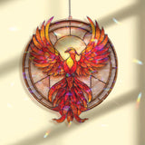 Phoenix Rising Acrylic Suncatcher, Fiery Bird Round Window Hanging, Mythical Creature Art, Red Orange Flame Acrylic Home Decor