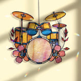Yellow Drum Set Acrylic Suncatcher, Music Instrument Window Hanging, Floral Band Art, Colorful Musician Gift Acrylic Home Decor