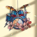 Drum Set Acrylic Suncatcher, Blue Music Instrument Window Hanging, Floral Rock Band Art, Musician Gift Acrylic Home Decor