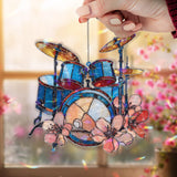 Drum Set Acrylic Suncatcher, Blue Music Instrument Window Hanging, Floral Rock Band Art, Musician Gift Acrylic Home Decor