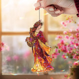 Autumn Lady Acrylic Suncatcher, Woman with Flower Basket Window Hanging, Red Orange Fall Art Nouveau Acrylic Home Decor Gift