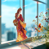 Autumn Lady Acrylic Suncatcher, Woman with Flower Basket Window Hanging, Red Orange Fall Art Nouveau Acrylic Home Decor Gift