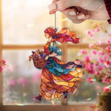 Harvest Lady Acrylic Suncatcher, Autumn Woman with Basket Window Hanging, Colorful Fall Art, Rustic Farmhouse Acrylic Home Decor