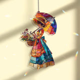 Flower Lady Acrylic Suncatcher, Woman with Umbrella Window Hanging, Colorful Spring Garden Art, Vintage Acrylic Home Decor Gift