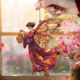 Autumn Angel Acrylic Suncatcher, Red and Gold Winged Woman Window Hanging, Harvest Fairy Art, Spiritual Acrylic Home Decor Gift