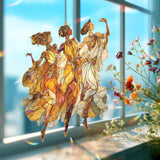 Three Dancing Goddesses Acrylic Suncatcher, Elegant Women Art Nouveau Window Hanging, Golden Flowing Dress Acrylic Home Decor Gift
