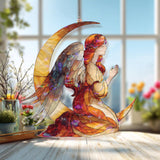 Angel on Crescent Moon Acrylic Suncatcher, Praying Guardian Angel Window Hanging, Celestial Spiritual Acrylic Home Decor Gift