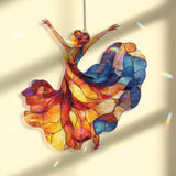 Dancing Lady Acrylic Suncatcher, Vibrant Red and Blue Flowing Dress Window Hanging, Elegant Art Nouveau Acrylic Home Decor Gift
