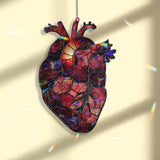 Anatomical Heart Acrylic Suncatcher, Red Stained Glass Style Organ with Candle Flame, Gothic Medical Anatomy Window Hanging Decor