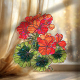 Geranium Acrylic Suncatcher, Red and Orange Floral Window Hanging with Green Leaves, Bright Botanical Flower Home Decor Gift