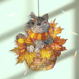 Autumn Cat Acrylic Suncatcher, Cute Kitty in Basket with Scarf and Fall Leaves, Cozy Seasonal Window Hanging Home Decor Gift