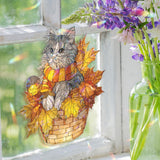 Autumn Cat Acrylic Suncatcher, Cute Kitty in Basket with Scarf and Fall Leaves, Cozy Seasonal Window Hanging Home Decor Gift