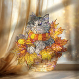 Autumn Cat Acrylic Suncatcher, Cute Kitty in Basket with Scarf and Fall Leaves, Cozy Seasonal Window Hanging Home Decor Gift