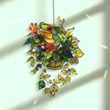 Frog Acrylic Suncatcher, Hanging Plant Window Decor with Green Leaves and Cute Tree Frog Design, Nature Animal Home Accent Gift