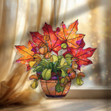 Autumn Leaves Acrylic Suncatcher, Fall Maple Leaf and Flower Pot Window Hanging, Seasonal Nature Home Decor Thanksgiving Gift
