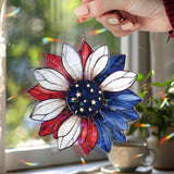 Patriotic Acrylic Suncatcher, Red White Blue Flower Window Hanging with Stars, American Flag Sunflower 4th of July Home Decor Gift