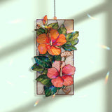 Hibiscus Acrylic Suncatcher, Tropical Flower Window Hanging with Red and Pink Blooms, Bright Boho Nature Garden Home Decor Gift