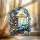 Reading Nook Acrylic Suncatcher, Cozy Chair and Bookshelf Window Hanging with Flowers and Lamp, Cottagecore Home Decor Gift