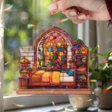 Bedroom Acrylic Suncatcher, Cozy Bed and Bookshelf Window Hanging with Flowers and Lamp, Cottagecore Home Decor Gift