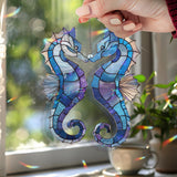 Seahorse Pair Acrylic Suncatcher, Stained Glass Style Ocean Window Hanging with Blue Sea Creatures, Coastal Nautical Home Decor Gift