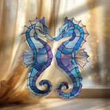 Seahorse Pair Acrylic Suncatcher, Stained Glass Style Ocean Window Hanging with Blue Sea Creatures, Coastal Nautical Home Decor Gift