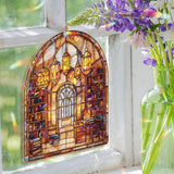 Library Acrylic Suncatcher, Stained Glass Style Arched Window Panel with Bookshelves, Desk and Lanterns, Cozy Book Lover Home Decor