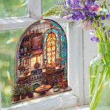 Rustic Kitchen Acrylic Suncatcher, Stained Glass Style Arched Window Panel with Stove, Plants, Pots and Cozy Home Cooking Decor