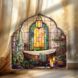 Rustic Bathroom Acrylic Suncatcher, Stained Glass Style Window Panel with Wooden Tub, Candles, Towels and Plants, Cozy Spa Home Decor