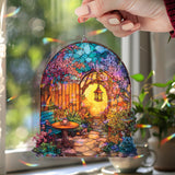 Garden Gate Acrylic Suncatcher, Stained Glass Style Arched Window Panel with Lantern, Blossoms, Bench and Table, Cottagecore Home Decor