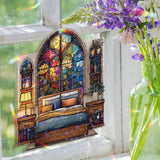 Bedroom Acrylic Suncatcher, Stained Glass Style Arched Floral Window Panel with Bed, Bookshelves and Plants, Cozy Home Decor Gift