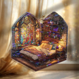 Cozy Bedroom Acrylic Suncatcher, Stained Glass Style Arched Window Panel with Bed, Bookshelves, Plants and Warm Light Home Decor