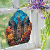Cathedral Acrylic Suncatcher, Stained Glass Style Gothic Church Window Panel with Autumn Trees and Blue Sky, Religious Home Decor Gift