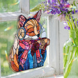 Cozy Fox Acrylic Suncatcher, Stained Glass Style Woodland Animal with Scarf and Hot Cocoa, Winter Window Hanging Home Decor Gift