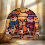 Cute Chipmunk Family Acrylic Suncatcher, Stained Glass Style Winter Window Hanging with Scarves, Sunset Animal Panel Home Decor Gift
