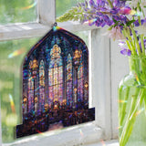 Cathedral Acrylic Suncatcher, Stained Glass Style Church Window Panel with Cross, Gothic Arched Design, Christian Religious Home Decor
