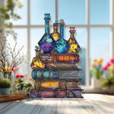 Alchemy Books and Potion Bottles Acrylic Suncatcher, Stained Glass Style Fantasy Window Hanging, Magical Witchy Home DÃ©cor Gift